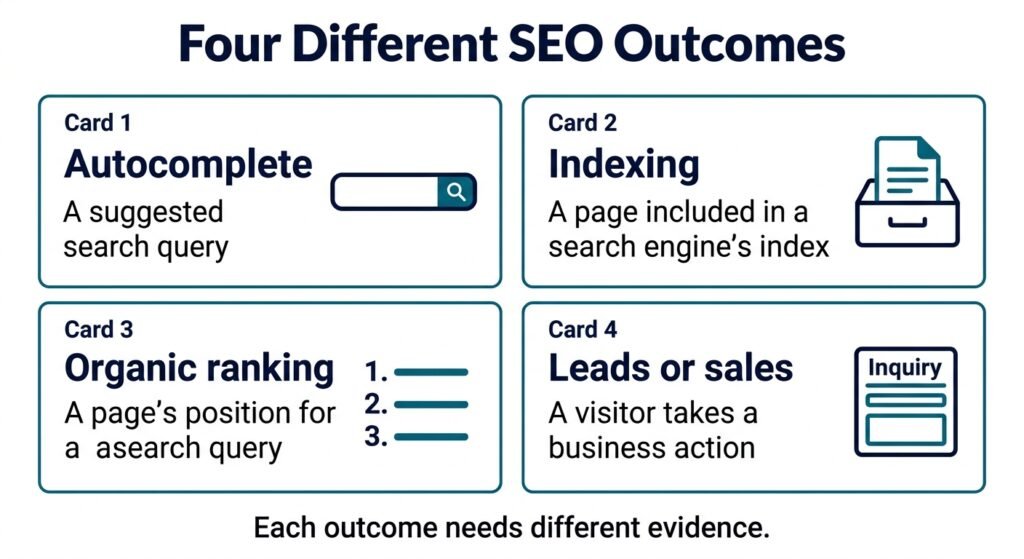 Four separate outcomes: a suggested query, an indexed page, an organic ranking, and a lead or sale.