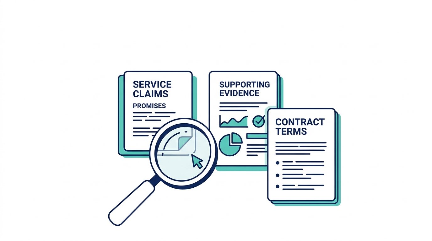 Magnifying glass beside documents representing SEO claims, evidence, and contract terms.